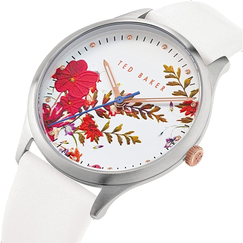 TED BAKER 36mm Belgravia Floral Printed Watch in White Leather Strap